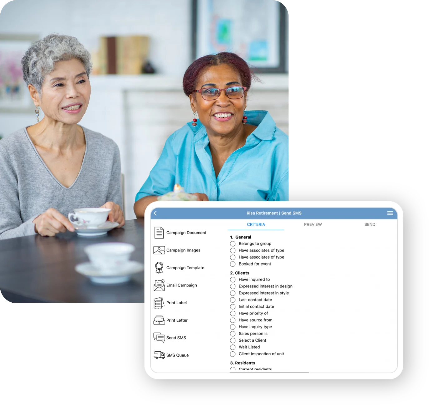 Two residents sharing tea, alongside the Village Master screen for sending a resident SMS campaign