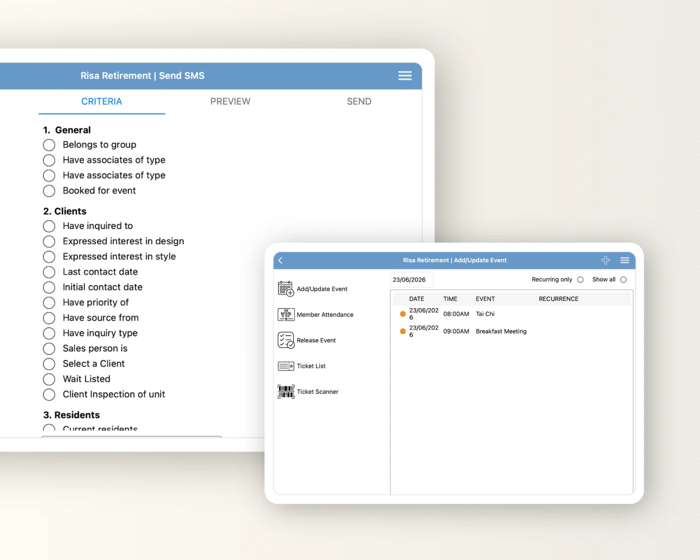 Village Master's send-SMS and event scheduling screens