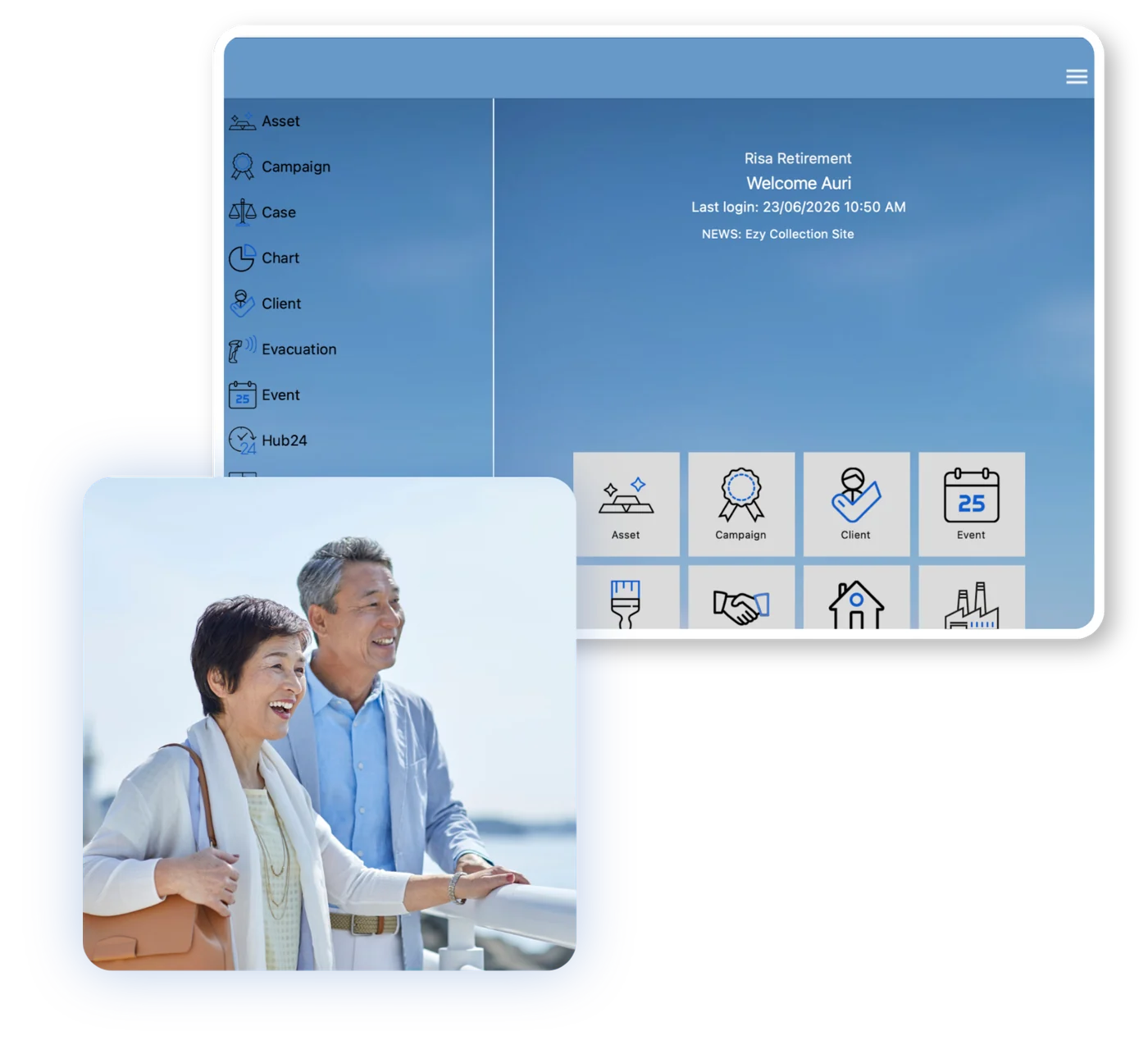 The Village Master dashboard alongside a happy retired couple