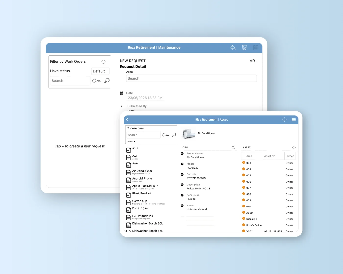 Village Master's maintenance request and asset register screens